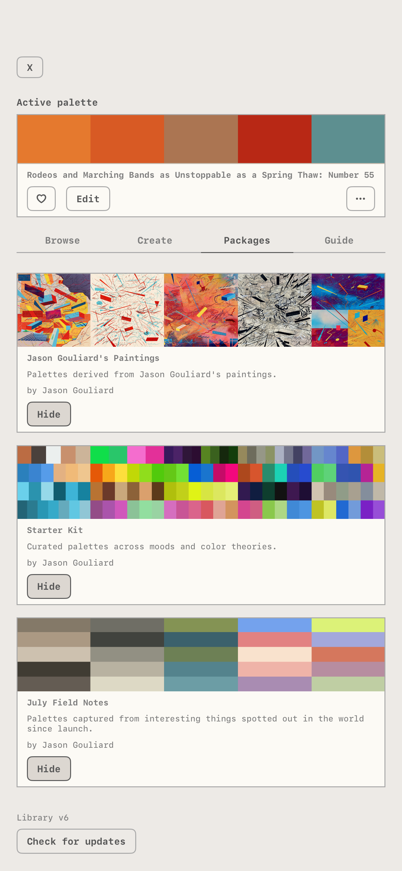 Palette packs in the Packages tab